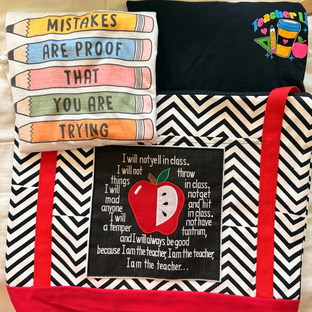 Teacher Bundle- 2 t Shirts and Chevron Apple Teacher Tote Bag